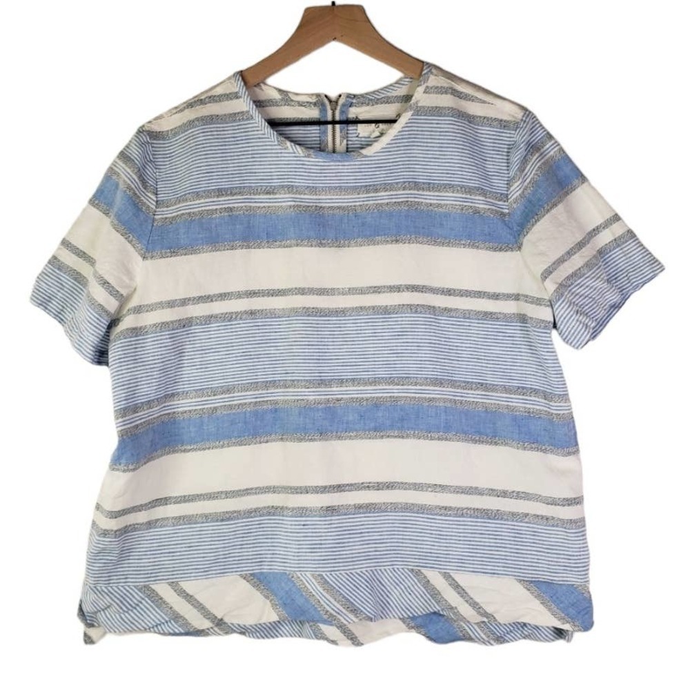 Lou & Grey Linen Blend Boxy Shirt L Blue‎ Ivory Grey Stripe Short Sleeve